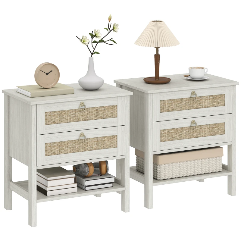 HOMCOM Set of 2 Boho Bedside Tables, Rattan Nightstands with 2 Drawers, Storage Shelf, End Side Tables for Bedroom, White Oak