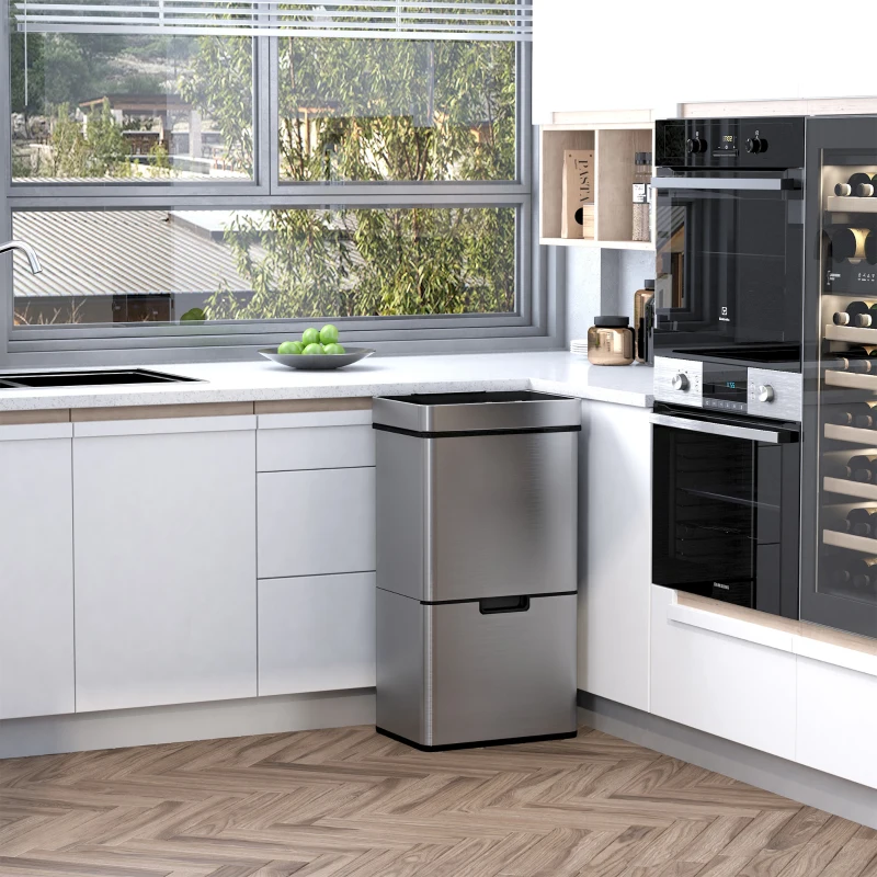 HOMCOM Sensor Trash Can, 19 Gallon Stainless Steel Kitchen Garbage Can with 3 Compartments, Removable Inner Buckets, Silver