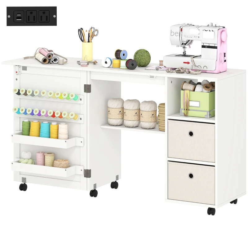 HOMCOM Rolling Sewing Machine Table with Power Outlet, Folding Craft Table with 2 Fabric Drawers, 2 Bins and 18 Pegs, White