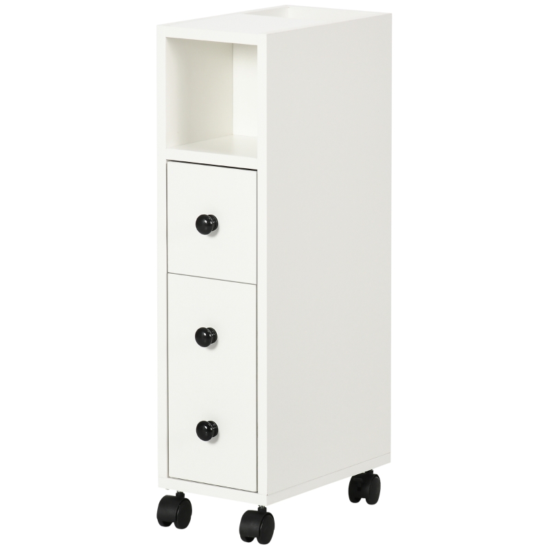kleankin Slim Bathroom Cabinet with Wheels, Narrow Bathroom Storage Cabinet with Door, Drawer and 2 Open Compartments, White