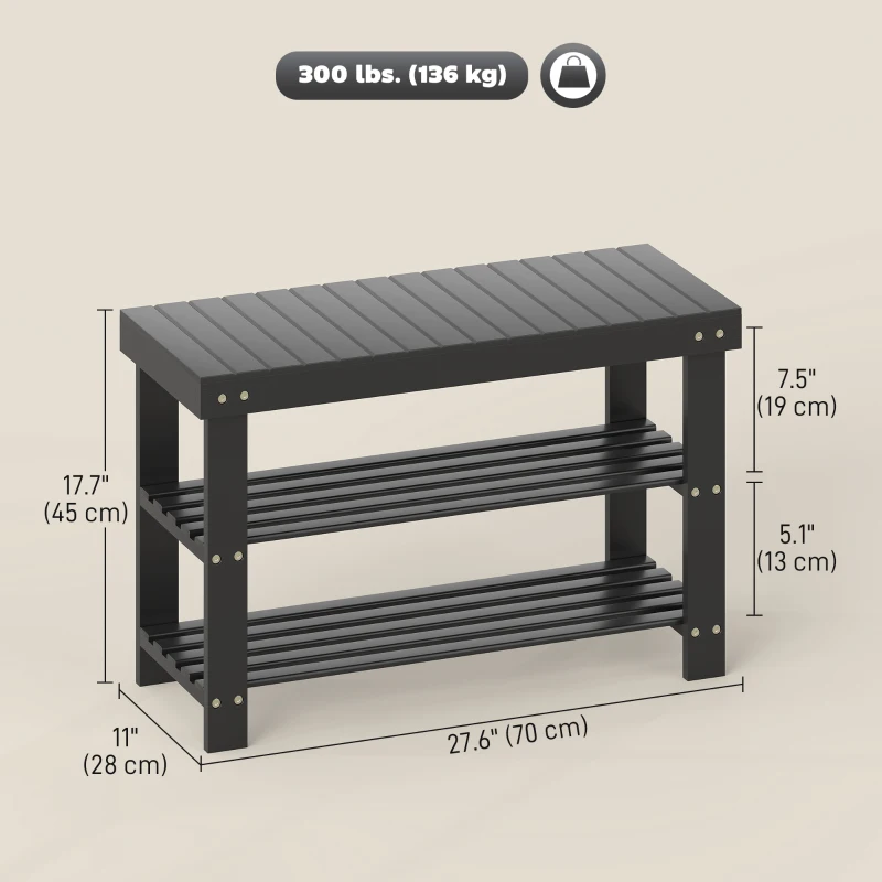 HOMCOM Bamboo Shoe Storage Bench, 3-Tier Entryway Bench with 2 Storage Shelves for Hallway, Holds 6 Pairs, Black
