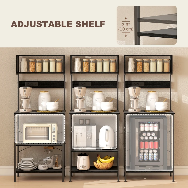 HOMCOM Baker's Rack with Charing Station, Microwave Shelf with Power Outlet, USB Charger and 5 Hooks, Black