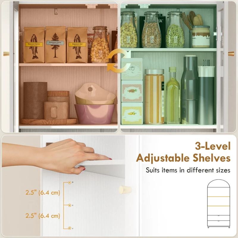 HOMCOM Arched Kitchen Pantry Cabinet, 71" Tall Farmhouse Kitchen Storage Cabinet with Shelves, 2 Drawers, Acrylic Doors, White
