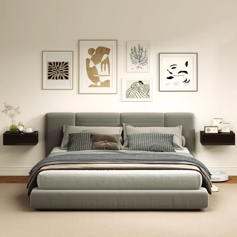 HOMCOM Set of 2 Wall Mounted Bedside Tables, High Gloss Floating Nightstands with Drawer for Bedroom, Black