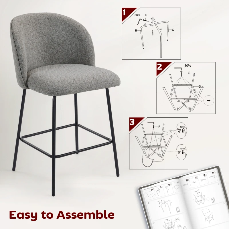 HOMCOM Set of 2 Counter Height Barstools, Upholstered Linen Bar Stools with Backrest, Footrest and Steel Legs, Dark Grey