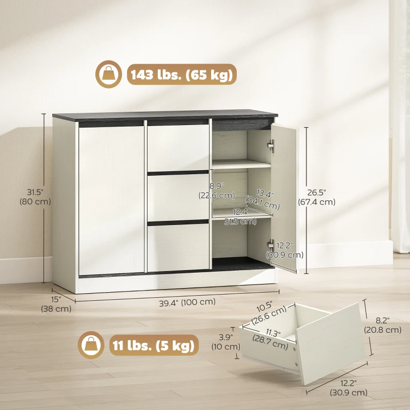 HOMCOM Buffet Cabinet with Soft-Close Hinges, Modern Sideboard with 3 Drawers and 2 Adjustable Shelves, White Wood Grain