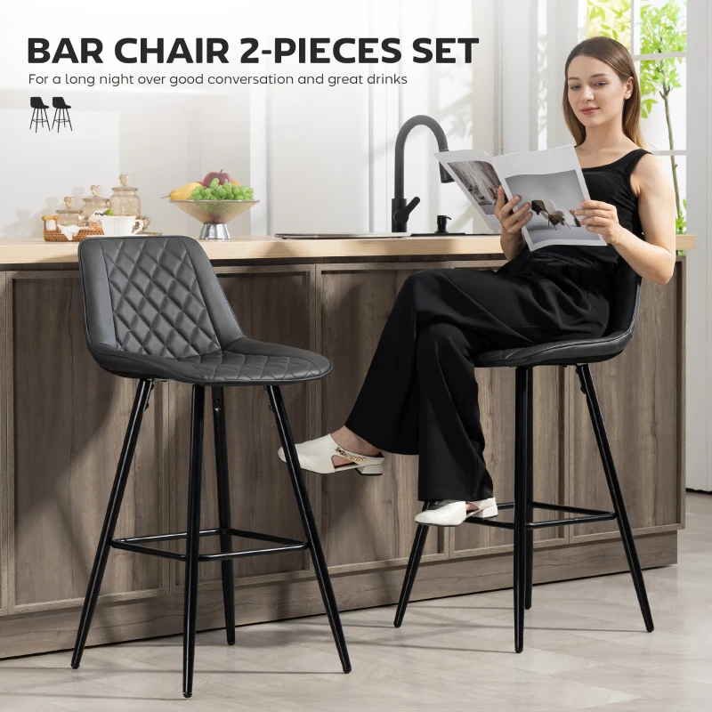 HOMCOM PU Leather Counter Height Bar Chairs Set of 2, 27.75" Bar Stools with Metal Legs for Dining Area, Kitchen Island, Black