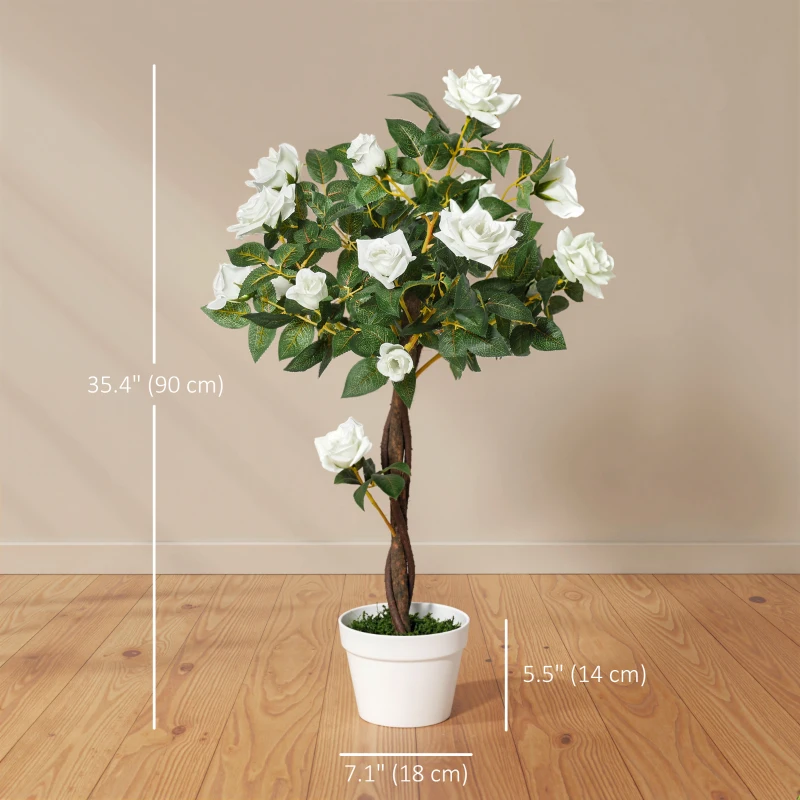 Outsunny 3FT Artificial Plant White Rose Floral in Pot, Fake Plant for Home Indoor Decor