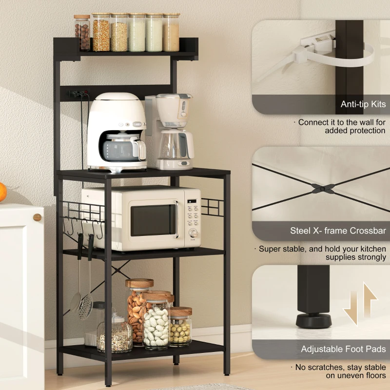 HOMCOM Kitchen Baker's Rack with Power Outlet, Coffee Bar Station with Adjustable Shelves and Hooks, Distressed Black