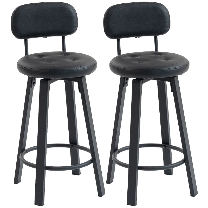 HOMCOM Bar Stools Set of 2, Upholstered Breakfast Bar Chairs with Footrest and Backrest for Kitchen Counter, Black