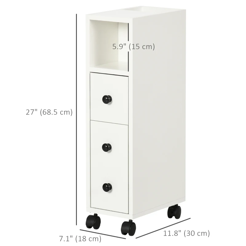 kleankin Slim Bathroom Cabinet with Wheels, Narrow Bathroom Storage Cabinet with Door, Drawer and 2 Open Compartments, White
