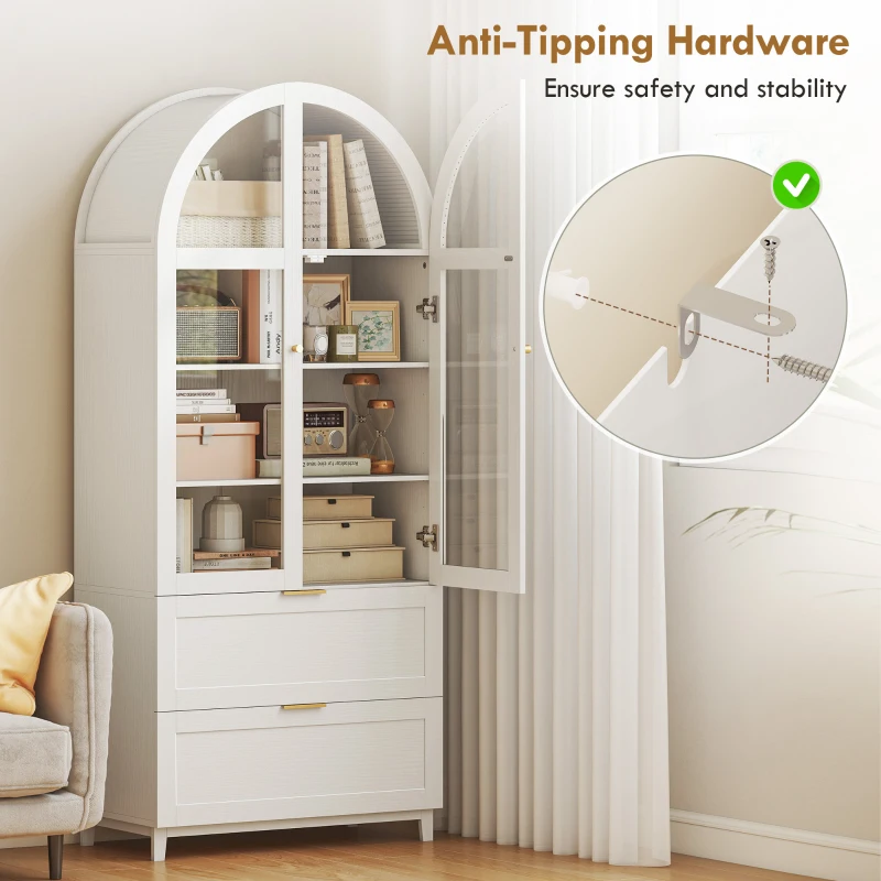 HOMCOM Arched Kitchen Pantry Cabinet, 71" Tall Farmhouse Kitchen Storage Cabinet with Shelves, 2 Drawers, Acrylic Doors, White