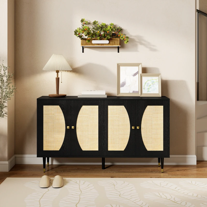 HOMCOM 55" Sideboard Buffet Cabinet, Boho Storage Cabinet with Adjustable Shelves, Soft Close Doors and Rattan Front, Black