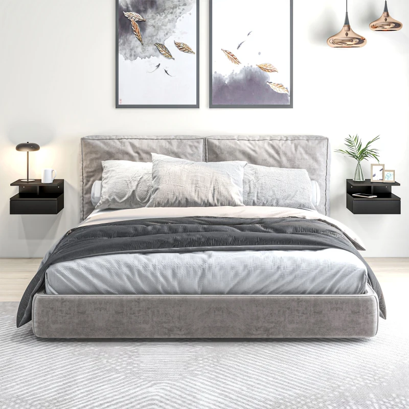 HOMCOM Floating Nightstand Set of 2, Wall Mounted Bedside Table with Drawer and Shelf, Small Night Stand for Bedroom, Black