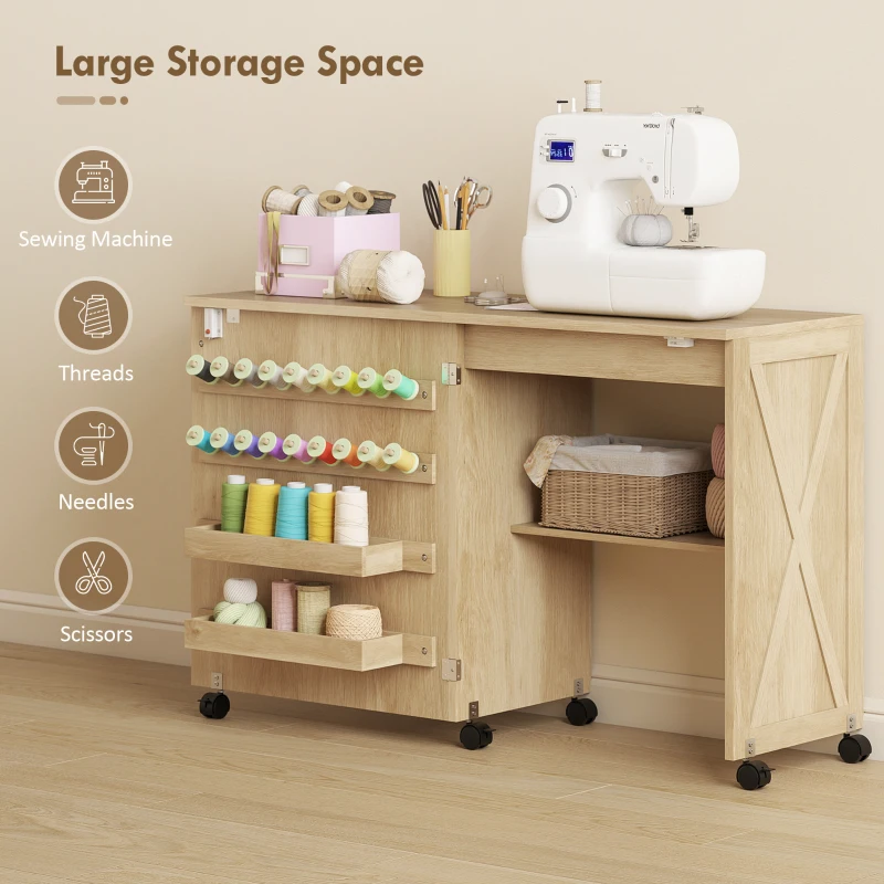 HOMCOM Sewing Machine Table on Wheels, Folding Craft Table with 2 Bins, Storage Shelf, 18 Pegs, Lockable Wheels, Natural