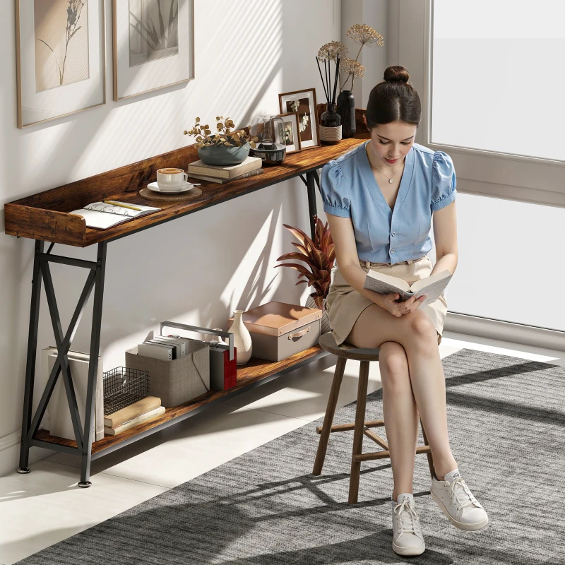 HOMCOM 71" Extra Long Console Table with Storage Shelf and Guardrails, Industrial Entryway Table for Living Room, Rustic Brown