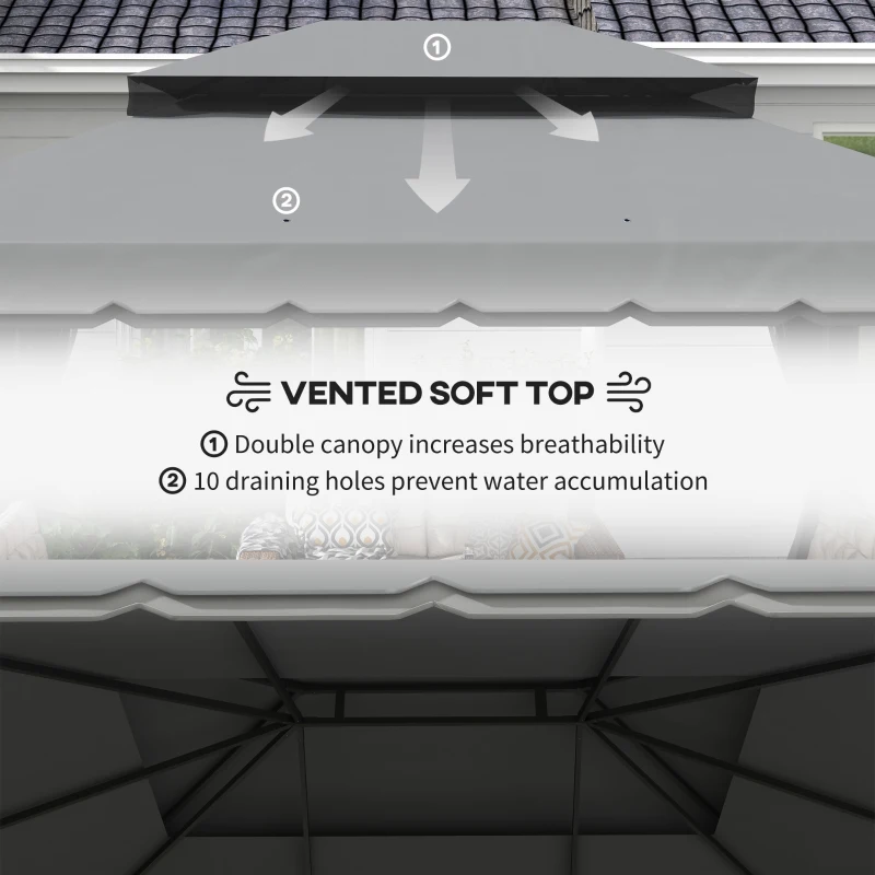 Outsunny 13' x 10' Patio Gazebo Canopy with 2-Tier Polyester Roof, Vented Mesh Sidewall & Strong Aluminum Frame, Light Grey