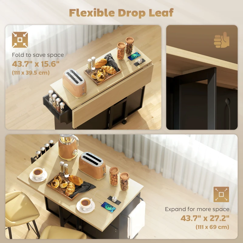 HOMCOM Kitchen Island with Storage, Rolling Kitchen Cart with Charging Station, Drop Leaf, Spice Rack, Towel Rack, Drawers