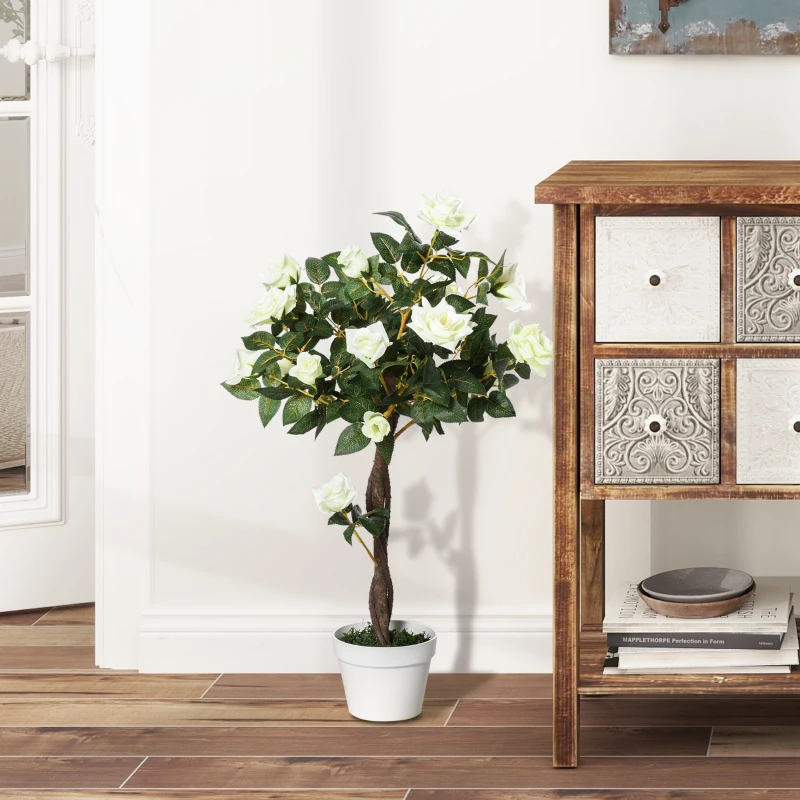 Outsunny 3FT Artificial Plant White Rose Floral in Pot, Fake Plant for Home Indoor Decor