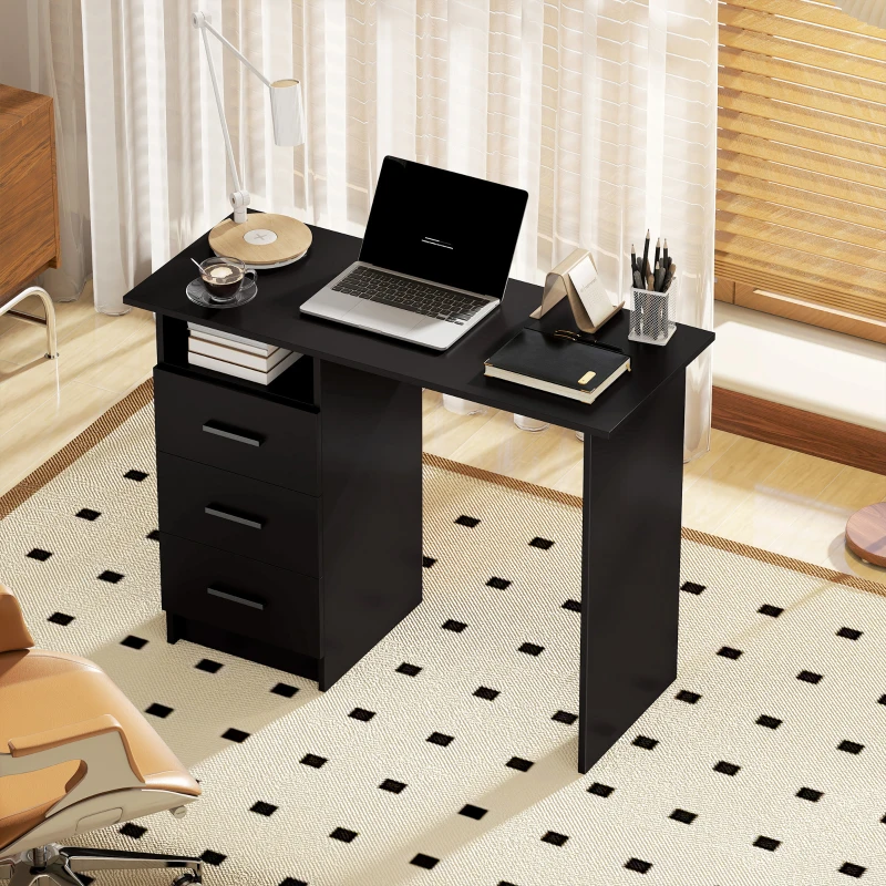HOMCOM Computer Desk with Storage, 39" Home Office Desk with 3 Drawers nad Open Shelf, Writing Table for Bedroom, Black