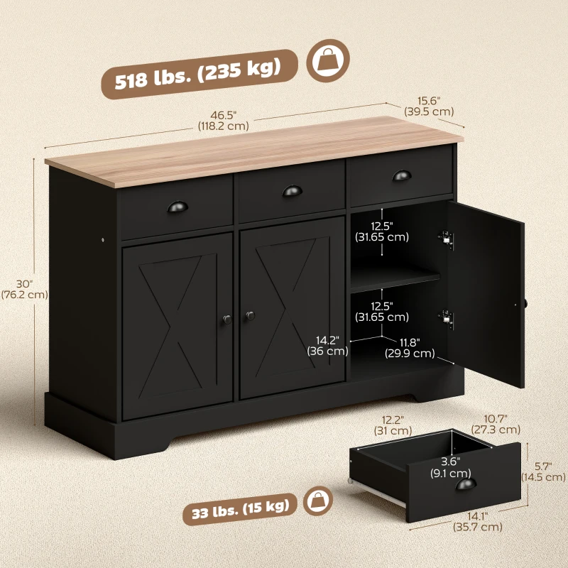 HOMCOM 46.5" Buffet Cabinet, Farmhouse Sideboard with 3 Barn Doors and 3 Drawers for Living Room, Kitchen, Black