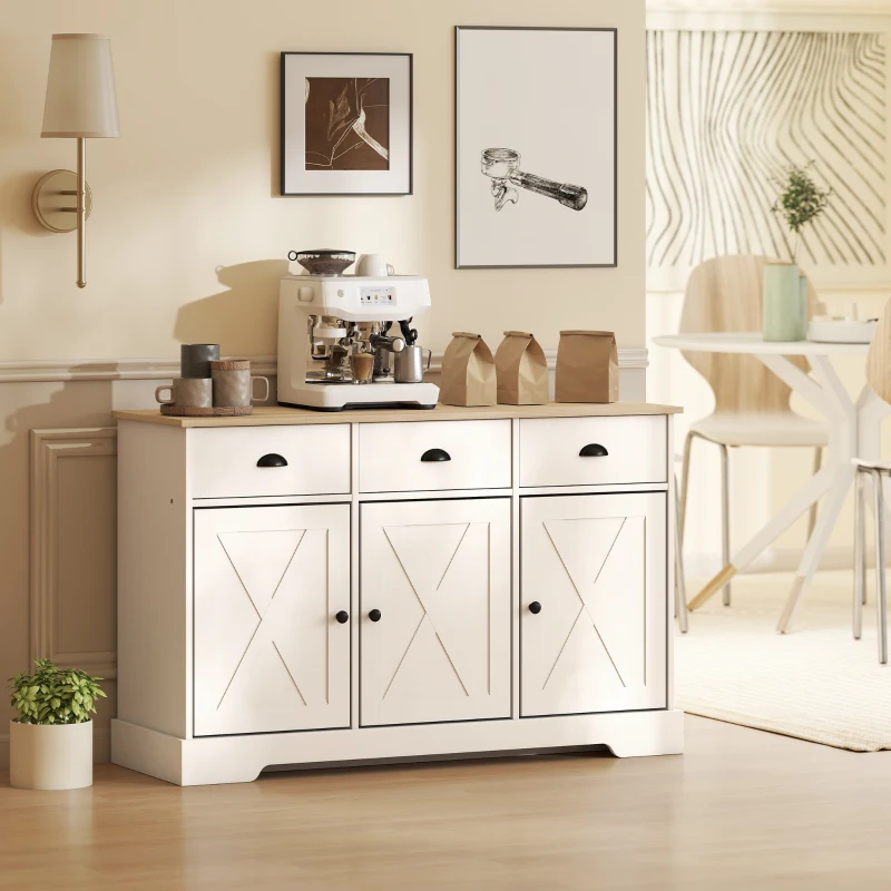 HOMCOM 46.5" Buffet Cabinet, Farmhouse Sideboard with 3 Barn Doors and 3 Drawers for Living Room, Kitchen, White