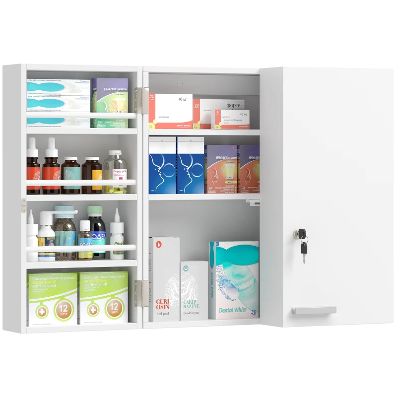 HOMCOM Wall Mount Medicine Cabinet, Bathroom Cabinet with 4 Tier Shelves, Lockable with 2 Keys for Kitchen, White