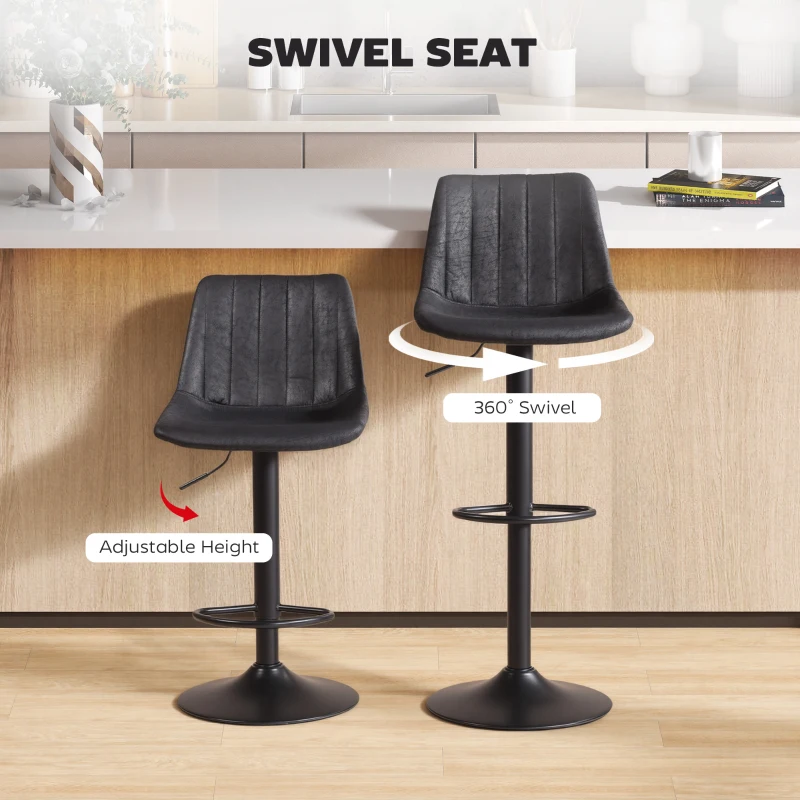 HOMCOM Counter Height Bar Stools Set of 2, Adjustable Height Bar Chairs with Swivel Seat, Leathaire Upholstery, Black