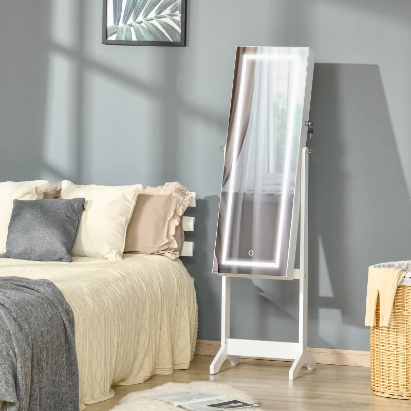 HOMCOM Lockable Jewelry Armoire with LED Light, Standing Mirror with Storage for Bedroom Dressing Room, White