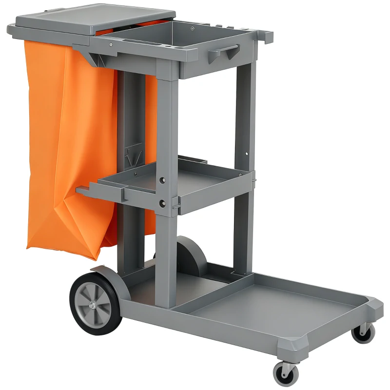 HOMCOM Commercial Janitorial Cart with 3 Tier Shelves, Cleaning Cart with Rubbish Bag and Mop Mount for Hotel Restaurant, Grey