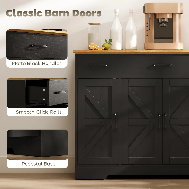 HOMCOM 47" Buffet Cabinet with Soft-Close Hinges, Farmhouse Sideboard with 3 Drawers, Adjustable Shelves and Spice Racks, Black