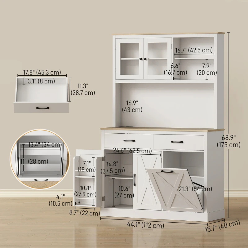 HOMCOM 69" Pantry Cabinet with Charging Station, Kitchen Storage Cabinet with Microwave Stand, Tilt-Out Trash Can, White