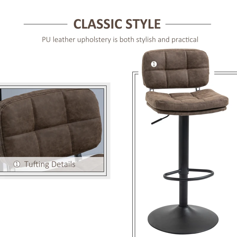 HOMCOM Bar Stools Set of 2, Swivel Counter Height Barstools with Adjustable Height, Back and Footrest, PU Leather Bar Chairs