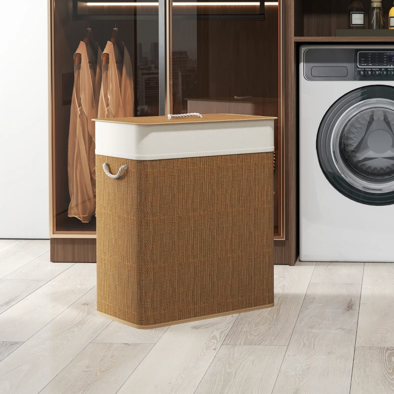 HOMCOM Double Laundry Basket with Lid, 100L Bamboo Laundry Hamper with Rope Handles and Removable Bags, Brown