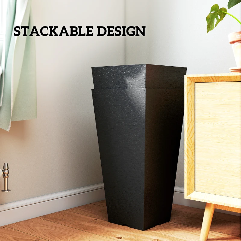 Outsunny 23" Tall Planters Set of 2, Indoor Outdoor Stackable Taper Planters with Marble Finish and Drainage Holes, Black