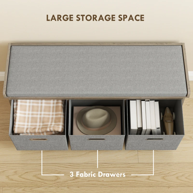 HOMCOM Shoe Storage Bench with Seat, Entryway Bench Seat with Cushion, 3 Fabric Drawers for Hallway, Washed Grey