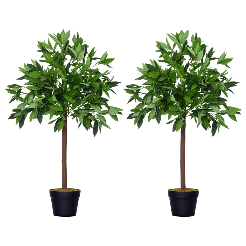 Outsunny 3FT Artificial Laurel Tree Set of 2, Lifelike Fake Plant with 564 Leaves, Potted Fake Plant for Home Office Decor, Green