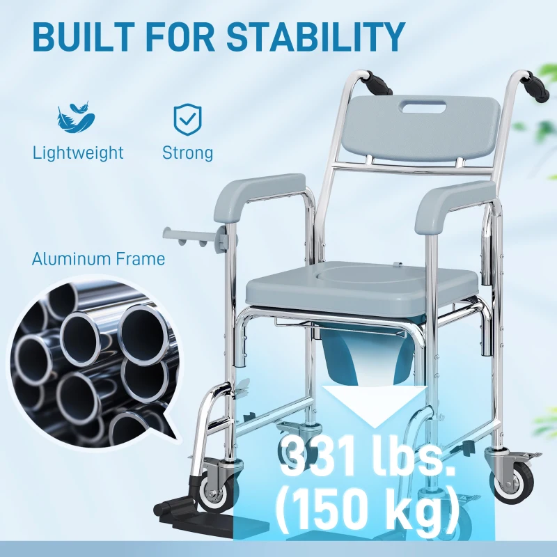 HOMCOM Rolling Shower Chair, Bedside Commode Chair with Wheels, Backrest, Arms, Flip Footrests for Seniors, Disabled, Grey