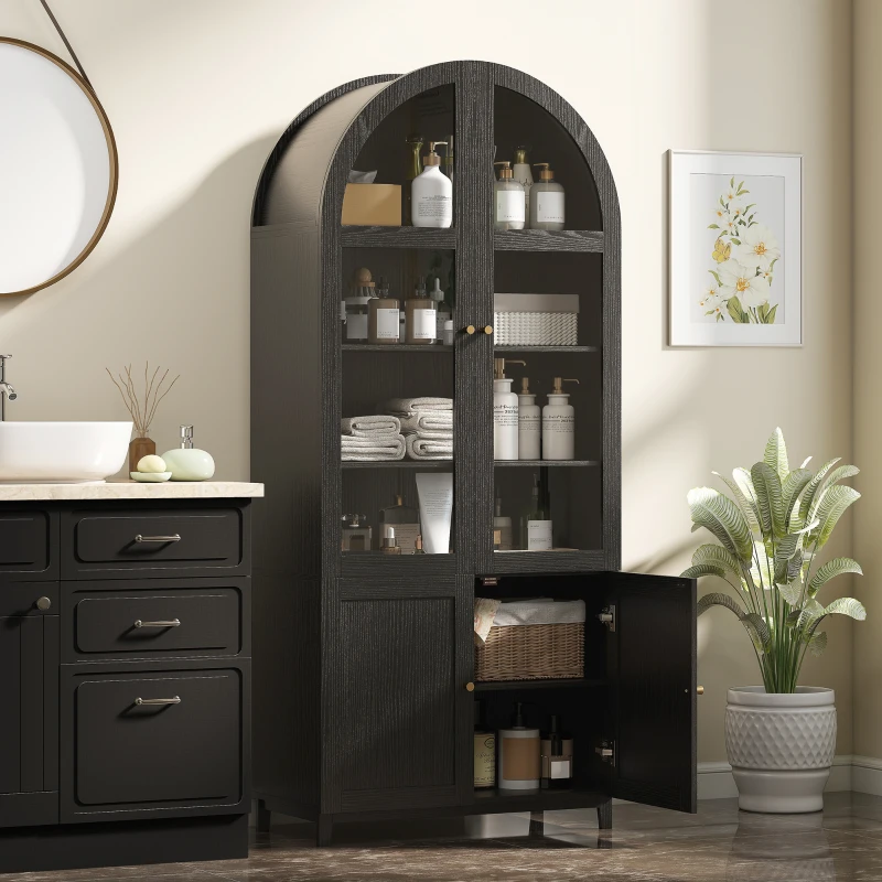 HOMCOM Arched Kitchen Pantry Cabinet, 71" Tall Farmhouse Kitchen Storage Cabinet with Adjustable Shelves, Acrylic Doors, Black