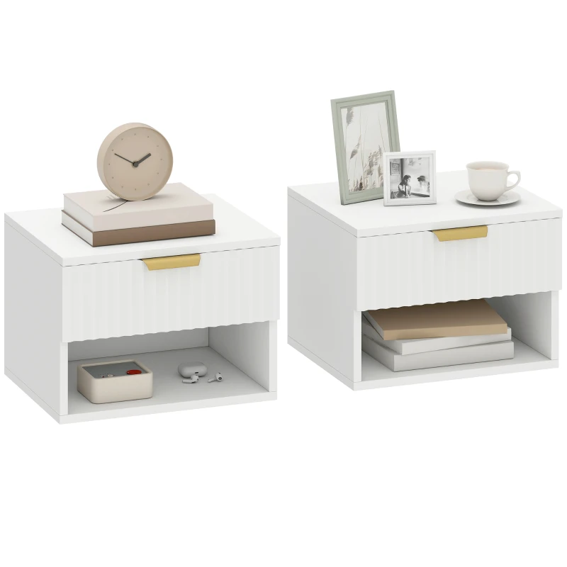 HOMCOM Floating Nightstands, Wall Mounted Bedside Tables Set of 2 with Drawer and Open Shelf, White