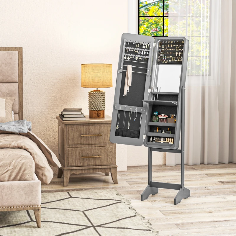 HOMCOM Standing Mirror Jewelry Cabinet, Jewelry Storage Cabinet with LED Lights and Angle Adjustable Full Length Mirror, Grey