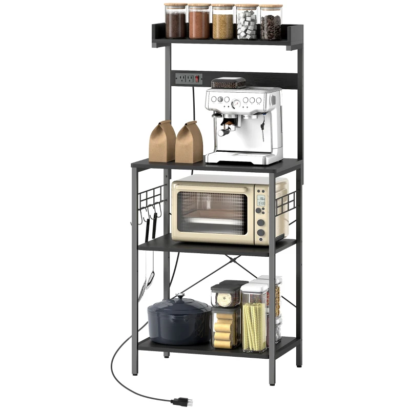 HOMCOM Kitchen Baker's Rack with Power Outlet, Coffee Bar Station with Adjustable Shelves and Hooks, Distressed Black