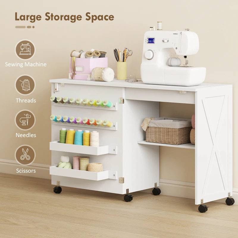 HOMCOM Sewing Machine Table on Wheels, Folding Craft Table with 2 Bins, Storage Shelf, 18 Pegs, Lockable Wheels, White