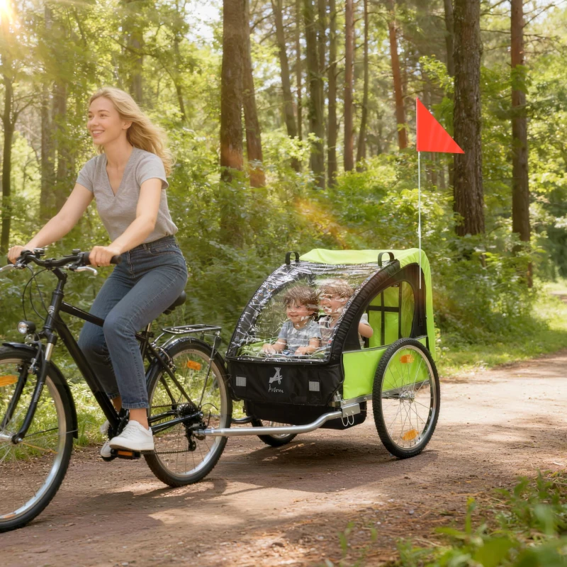 Aosom 2-Seat Child Bike Trailer for Kids with a Strong Steel Frame, 5-Point Safety Harnesses, & Comfortable Seat, Green