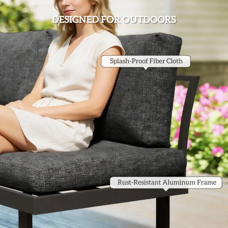 Outsunny 3 Pieces Aluminum Corner Patio Furniture Set Sectional Outdoor Sofa Set with 2 Loveseats Wood-Plastic Coffee Table Grey