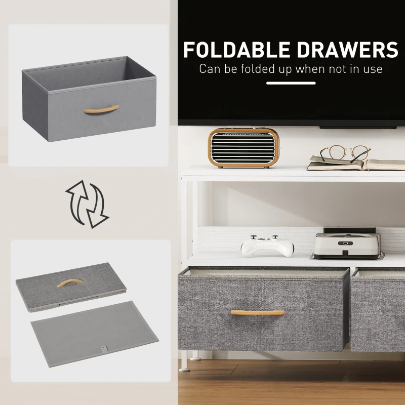 HOMCOM TV Stand with Charging Station, TV Table with 2 Foldable Linen Drawers and Open Shelf for 47 Inch Television, White