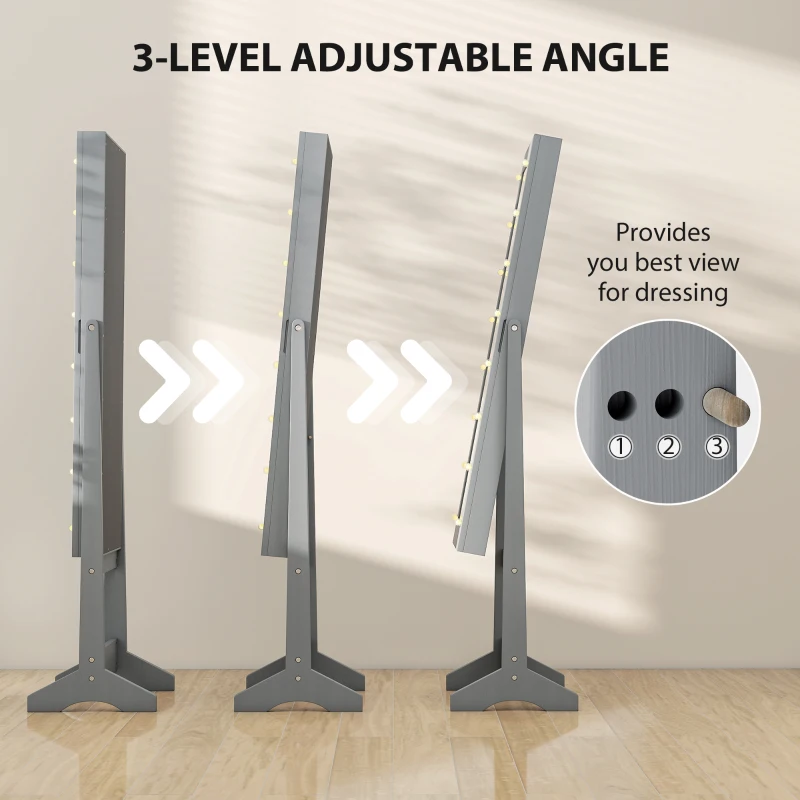 HOMCOM Free Standing Armoire Organizer, Lighted Mirrored Jewelry Cabinet w/ Angle Adjustable & 16 LED Lights, Grey