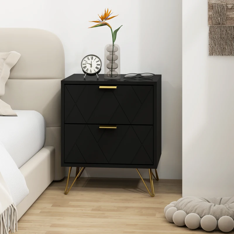 HOMCOM Modern Bedside Table, Accent Nightstand with 2 Drawers, Bed End Table for Bedroom, Black