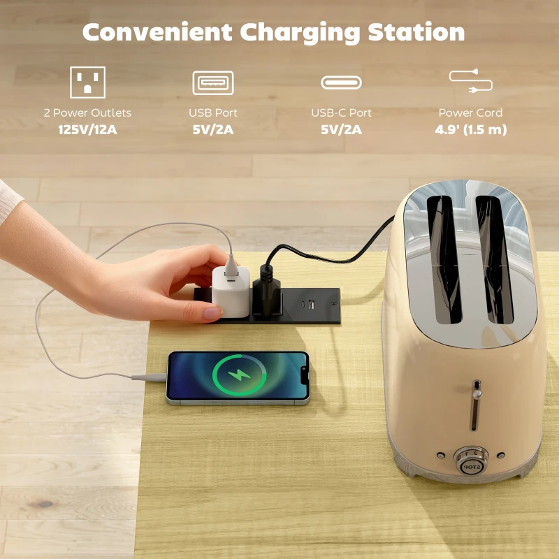 HOMCOM 7 Gallon Tilt Out Garbage Cabinet, Kitchen Island with Charging Station, 2 Drawers, 4 Door Racks, White