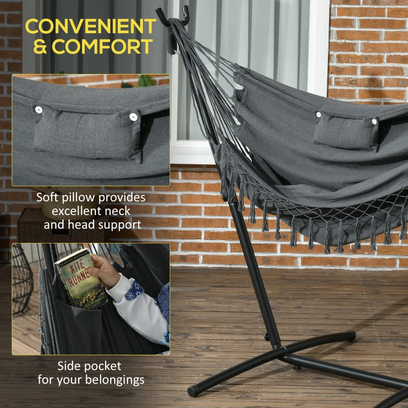 Outsunny Patio Hammock Chair with Stand, Outdoor Hammock Swing Hanging Lounge Chair with Side Pocket and Headrest, Dark Grey